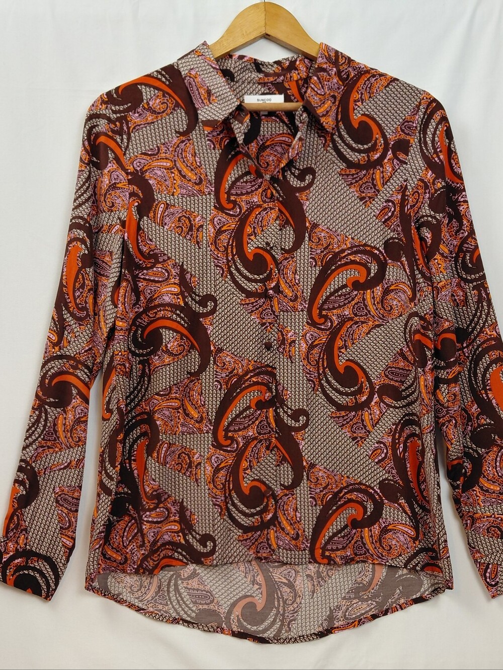 Suncoo Paris Blouse Women's Size Small Brown Pink Orange Paisley